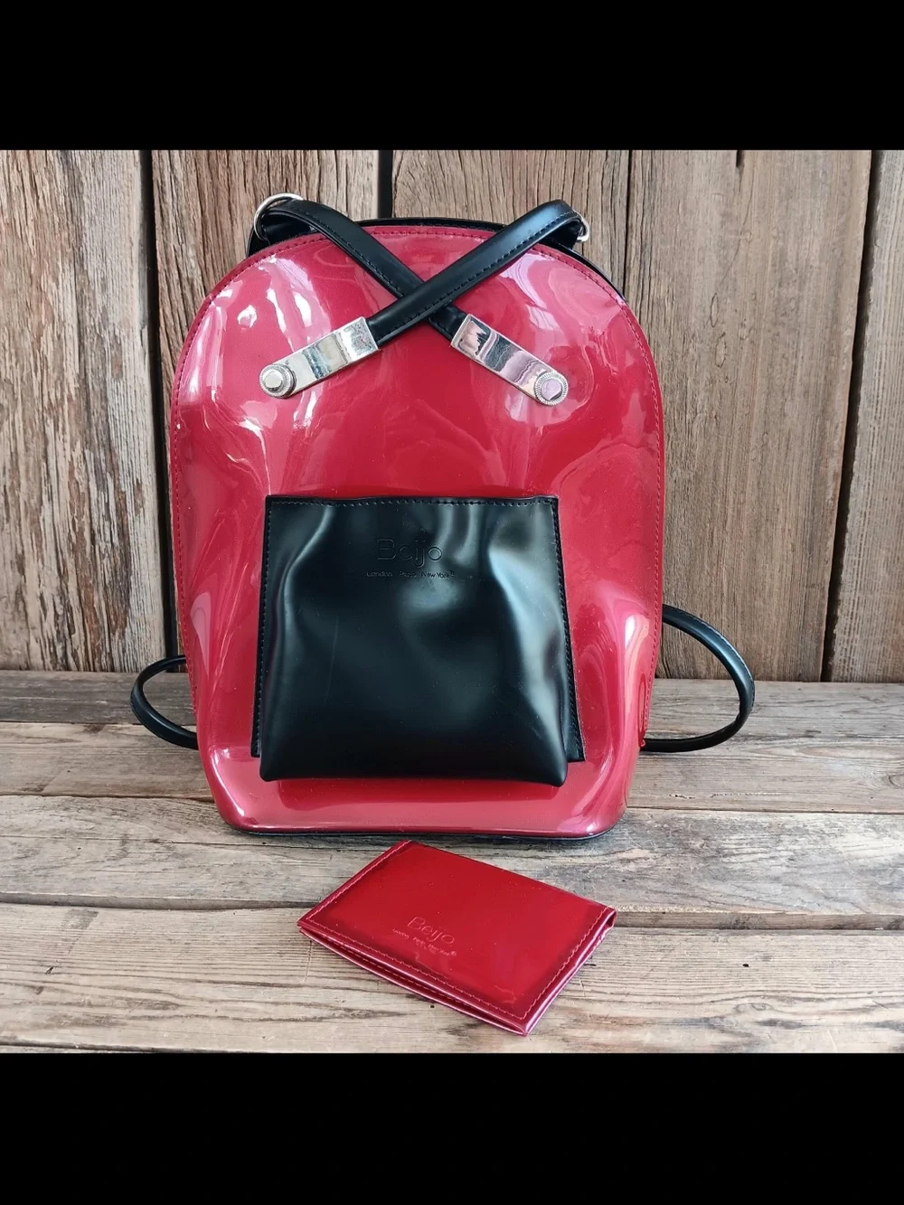 Beijo Burgundy Patent Tote with Black Accent Pocket